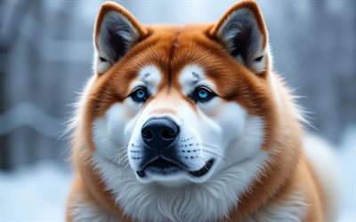 4k, akita inu, invierno, bokeh, bosque, perros, bozal, akita conoce, akita japonés, obsoleto, gran perro japonés, animales lindos, mascotas, perro en el bosque, perro akita inu