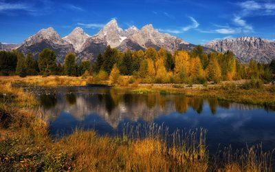 Grand Teton Milli Parkı, sonbahar, HDR, dağlar, göl, USA