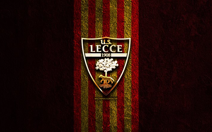 us レッチェの金色のロゴ, 4k, 赤い石の背景, セリエa, イタリアのサッカークラブ, usレッチェのロゴ, サッカー, レッチェのエンブレム, usレッチェ, フットボール, レッチェfc