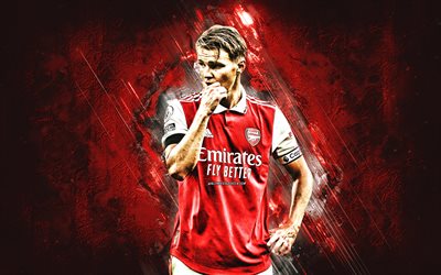 Martin Odegaard, Arsenal FC, Norwegian football player, portrait, red stone background, Arsenal, Premier League, England, football