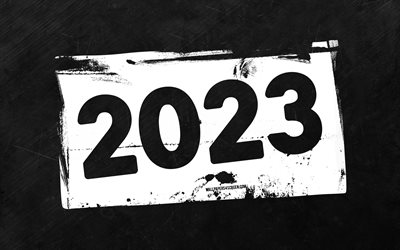 2023年明けましておめでとうございます, 白グランジ数字, 4k, 灰色の石の背景, 2023年のコンセプト, 2023 抽象数字, 明けましておめでとうございます 2023, グランジアート, 2023 白背景, 2023年