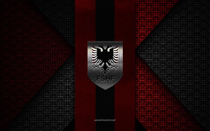 albaniens fotbollslandslag, uefa, röd svart stickad textur, europa, albaniens fotbollslandslags logotyp, fotboll, albaniens fotbollslandslags emblem, albanien