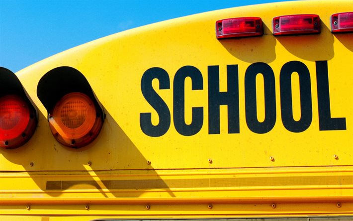 ônibus escolar, 4k, eua, transporte de crianças em idade escolar, ônibus amarelo, transporte, luzes piscando no ônibus