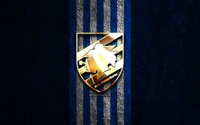 ucサンプドリアの金色のロゴ, 4k, 青い石の背景, セリエa, イタリアのサッカークラブ, ucサンプドリアのロゴ, サッカー, ucサンプドリアのエンブレム, ucサンプドリア, フットボール, サンプドリアfc