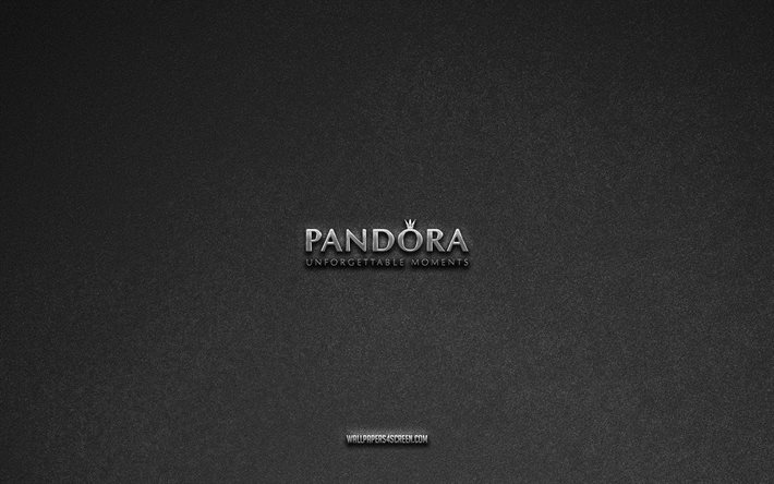 pandora-logo, grauer steinhintergrund, pandora-emblem, herstellerlogos, pandora, herstellermarken, pandora-metalllogo, steinstruktur
