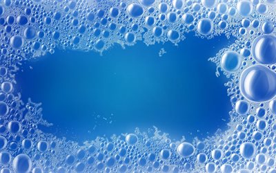 vattenbubblor ram, 4k, naturliga texturer, blå bakgrunder, vattenramar, bubbelmönster, bakgrund med bubblor