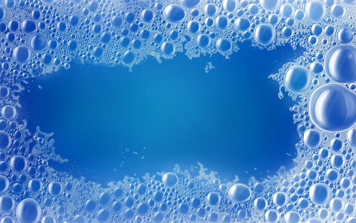 quadro de bolhas de água, 4k, texturas naturais, azul de fundo, molduras de água, padrões de bolhas, plano de fundo com bolhas