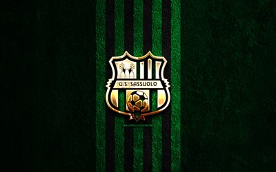 us サッスオーロ カルチョの金色のロゴ, 4k, 緑の石の背景, セリエa, イタリアのサッカークラブ, us サッスオーロ カルチョのロゴ, サッカー, us サッスオーロ カルチョ エンブレム, us サッスオーロ カルチョ, フットボール, サッスオーロ fc