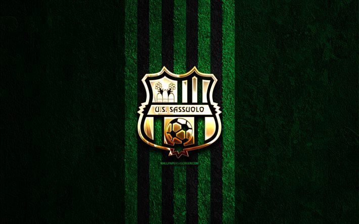 شعار us sassuolo calcio الذهبي, 4k, الحجر الأخضر، الخلفية, دوري الدرجة الاولى الايطالي, نادي كرة القدم الإيطالي, شعار us sassuolo calcio, كرة القدم, الولايات المتحدة ساسولو كالتشيو, ساسولو إف سي