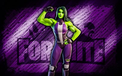 she-hulk fortnite, 4k, fondo diagonal violeta, arte grunge, fortnite, obras de arte, she-hulk skin, personajes de fortnite, she-hulk, fortnite she-hulk skin