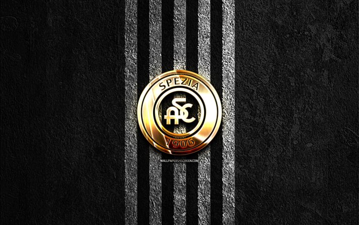 Spezia golden logo, 4k, black stone background, Serie A, Italian football club, Spezia logo, soccer, Spezia emblem, Spezia Calcio, football, Spezia FC
