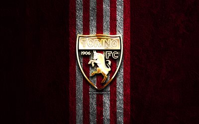 टोरिनो एफसी गोल्डन लोगो, 4k, लाल पत्थर की पृष्ठभूमि, सीरी ए, इतालवी फुटबॉल क्लब, टोरिनो एफसी लोगो, फ़ुटबॉल, टोरिनो एफसी प्रतीक, टोरिनो, टोरिनो एफसी