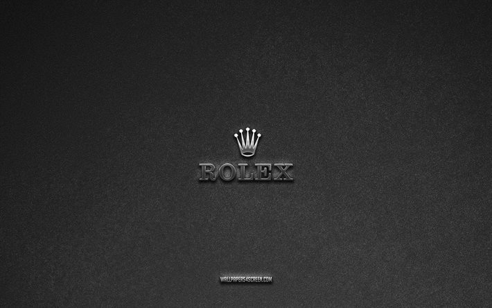 rolex-logo, grauer steinhintergrund, rolex-emblem, herstellerlogos, rolex, herstellermarken, rolex-metalllogo, steinstruktur