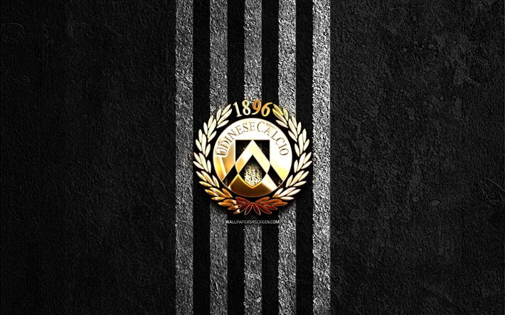 Udinese golden logo, 4k, black stone background, Serie A, Italian football club, Udinese logo, soccer, Udinese emblem, Udinese Calcio, football, Udinese FC