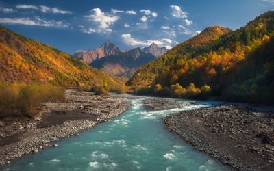 autunno, fiume di montagna, paesaggio di montagna, alberi autunnali, alberi gialli, paesaggio autunnale, fiume