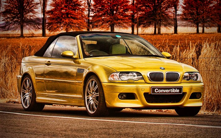bmw m3 cabriolet, hdr, 2004 voitures, e46, za-spec, tuning, 2004 bmw m3, jaune bmw m3, bmw e46, voitures allemandes, bmw