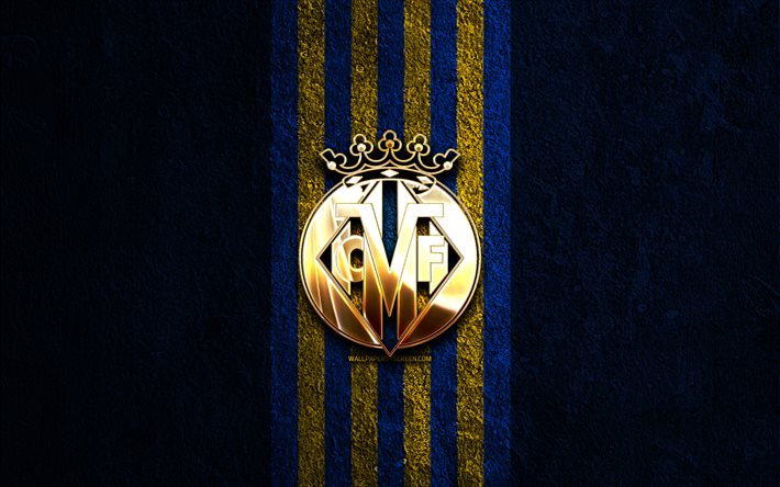 Villarreal golden logo, 4k, blue stone background, La Liga, spanish soccer club, Villarreal logo, soccer, Villarreal emblem, LaLiga, Villarreal CF, football, Villarreal FC