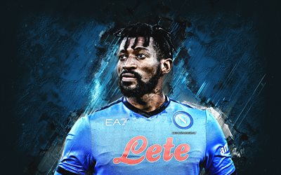 Andre-Frank Zambo Anguissa, SSC Napoli, Cameroonian footballer, portrait, Napoli, blue stone background, Serie A, Italy, football