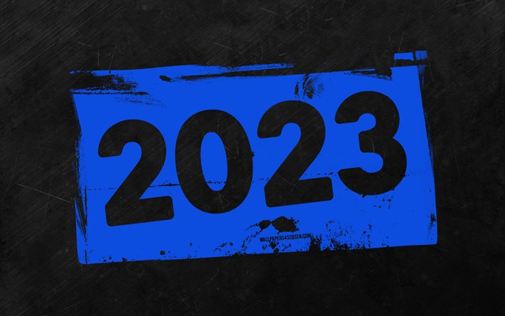 4k, 2023 happy new year, bleu grunge chiffres, fond de pierre grise, 2023 concepts, 2023 chiffres abstraits, happy new year 2023, grunge art, 2023 fond bleu, 2023 année