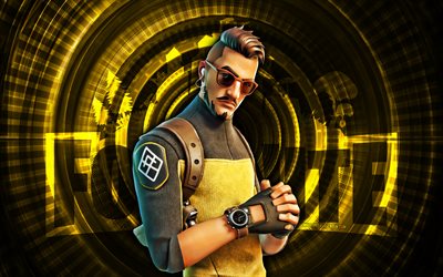 هيوغو فورتنايت, 4k, خلفية دوامة صفراء, فورتنايت, مبدع, هوغو سكين, فورتنايت هوغو الجلد, هوغو, شخصيات فورتنايت