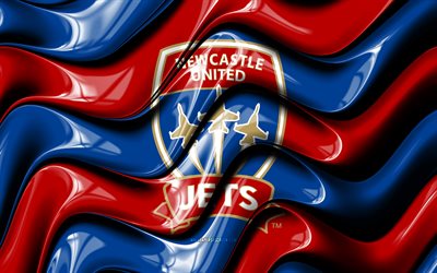 logo 3d dei newcastle jets, 4k, onde 3d blu rosse, lega a, calcio, bandiera dei newcastle jets, creativo, logo dei newcastle jets, squadra di calcio australiana, getti di newcastle, newcastle jets fc