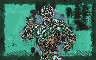 Triborg Cyber, 4k, grunge art, Mortal Kombat Mobile, creative, MKM, Mortal Kombat, MK Mobile, turquoise grunge background, Mortal Kombat X, Triborg Cyber Mortal Kombat
