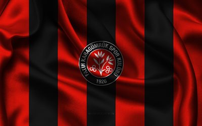 4k, logotipo de karagumruk, tecido de seda preto vermelho, time de futebol turco, emblema de karagumruk, super lig, karagumruk, peru, futebol, bandeira de karagumruk