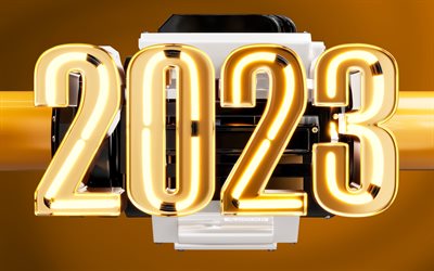 2023 Happy New Year, yellow 3D digits, 4k, yellow neon lamps, 2023 concepts, 2023 3D digits, Happy New Year 2023, creative, 2023 white digits, 2023 yellow background, 2023 year