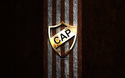 ca platense の金色のロゴ, 4k, 茶色の石の背景, リーガプロフェッショナル, アルゼンチン サッカー クラブ, caプラテンセのロゴ, サッカー, caプラテンセのエンブレム, クラブ アトレティコ プラテンセ, caプラテンセ, フットボール, プラテンセfc