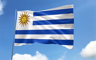 Uruguay flag on flagpole, 4K, South American countries, blue sky, flag of Uruguay, wavy satin flags, Uruguayan flag, Uruguayan national symbols, flagpole with flags, Day of Uruguay, South America, Uruguay flag, Uruguay