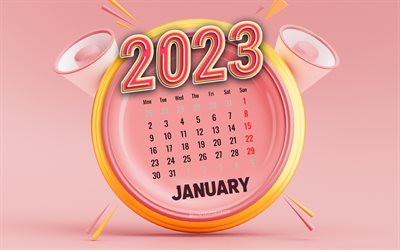 2023년 1월 달력, 4k, 분홍색 배경, 겨울 달력, 2023년 컨셉, 핑크 3d 시계, 2023년 달력, 1월