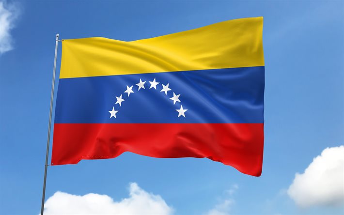 venezuelas flagga på flaggstången, 4k, sydamerikanska länder, blå himmel, venezuelas flagga, vågiga satinflaggor, venezuelanska nationella symboler, flaggstång med flaggor, venezuelas dag, sydamerika, venezuela