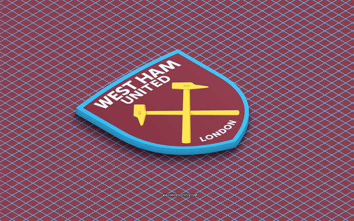 4k, West Ham FC isometric logo, 3d art, English football club, isometric art, West Ham FC, burgundy background, Premier League, England, football, isometric emblem, West Ham FC logo