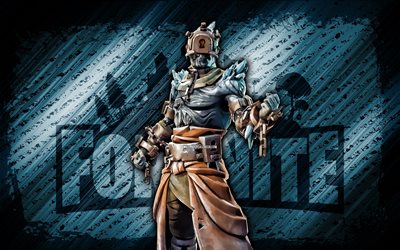 The Prisoner Fortnite, 4k, blue diagonal background, grunge art, Fortnite, artwork, The Prisoner Skin, Fortnite characters, The Prisoner, Fortnite The Prisoner Skin