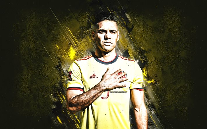 ラダメル・ファルカオ, サッカー コロンビア代表, コロンビアのサッカー選手, ストライカー, 肖像画, 黄色の石の背景, コロンビア, フットボール