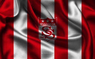 4k, sivasspor logo, punainen valkoinen silkkikangas, turkin jalkapallojoukkue, sivassporin tunnus, super lig, sivasspor, turkki, jalkapallo, sivassporin lippu