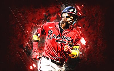 Ronald Acuna, Atlanta Braves, Venezuelan baseball player, Major League Baseball, red stone background, grunge art, USA, baseball