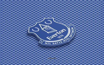 4k, Everton FC isometric logo, 3d art, English football club, isometric art, Everton FC, blue background, Premier League, England, football, isometric emblem, Everton FC logo