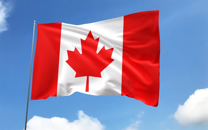 Canada flag on flagpole, 4K, North American countries, blue sky, flag of Canada, wavy satin flags, Canadian flag, Canadian national symbols, flagpole with flags, Day of Canada, North America, Canada flag, Canada