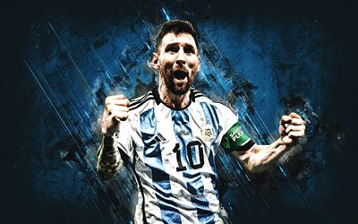 lionel messi, argentiinalainen jalkapalloilija, argentiinan jalkapallomaajoukkue, eteenpäin, muotokuva, qatar 2022 world cup 2022, sininen kivi tausta, argentiina, jalkapallo