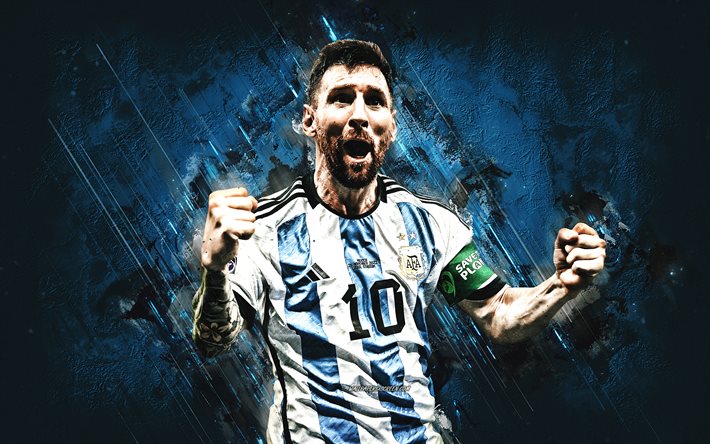lionel messi, footballeur argentin, équipe d'argentine de football, vers l'avant, portrait, qatar 2022 coupe du monde 2022, fond de pierre bleue, argentine, football
