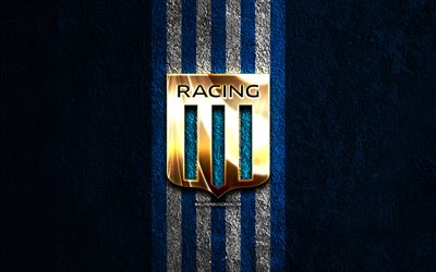 Racing Club logo, 4k, blue stone background, Liga Profesional, argentine football club, soccer, Racing Club emblem, Racing Club de Avellaneda, Racing Club, football, Racing Club FC