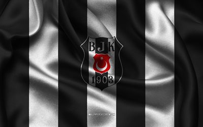 4k, Besiktas logo, black white silk fabric, Turkish football team, Besiktas emblem, Super Lig, Besiktas, Turkey, football, Besiktas flag, Besiktas JK
