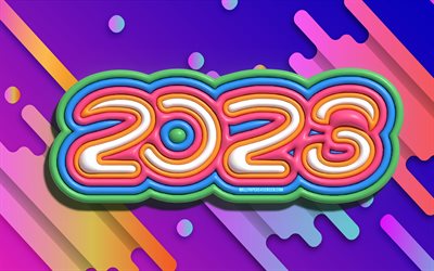 2023 Happy New Year, linear 3D digits, abstract background, 2023 year, 4k, artwork, 2023 concepts, 2023 3D digits, Happy New Year 2023, 2023 colorful background