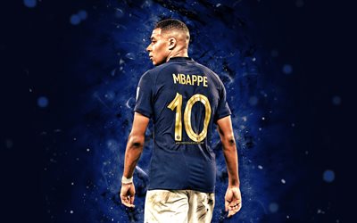 4k, Kylian Mbappe, back view, blue neon lights, France National Football Team, soccer, footballers, blue abstract background, French football team, FFF, Kylian Mbappe 4K