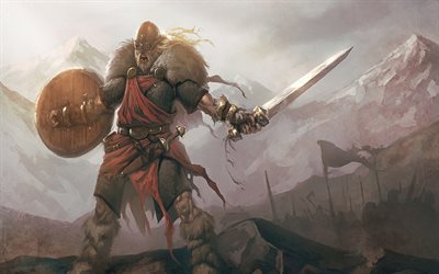 viking, guerrero, espada, armadura