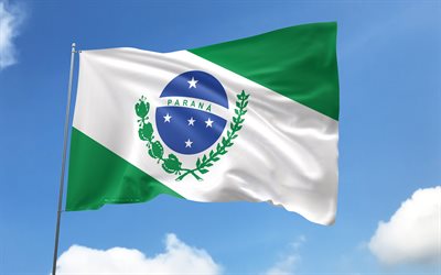 bandeira do paraná no flagpole, 4k, estados brasileiros, céu azul, bandeira do paraná, bandeiras onduladas de cetim, estados do brasil, massacre com sinalizadores, dia do paraná, brasil, paraná
