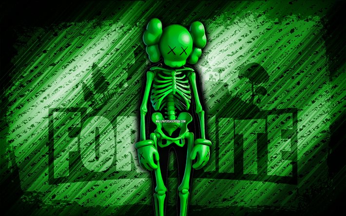 esqueleto de kaws verde fortnite, 4k, fondo diagonal verde, arte grune, fortnita, obra de arte, piel de esqueleto de kaws verde, personajes de fortnite, esqueleto de kaws verde, piel de esqueleto de kaws verdes fortnite