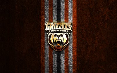 Grizzly Wolfsburg golden logo, 4k, red stone background, DEL, german hockey club, Grizzly Wolfsburg logo, hockey, Grizzly Wolfsburg emblem, Grizzly Wolfsburg