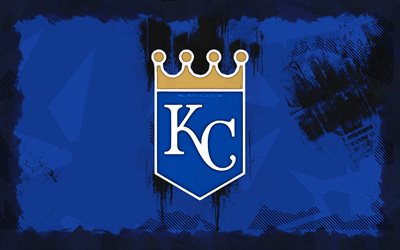 kansas city royals grunge logosu, 4k, mlb, mavi grunge arka plan, beyzbol, kansas city royals amblemi, kansas city royals logosu, amerikan beyzbol takımı, kansas city royals, kc royals